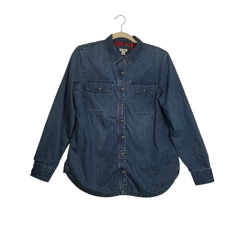 LL Bean Denim Shirt Small Plaid Lined Flannel Shacket Blue Jean Workwear Cabin